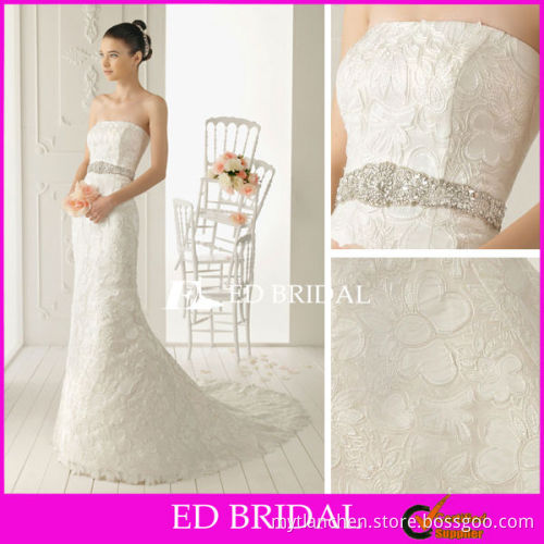 Mermaid Strapless Straight Across Lace Fit and Flare Wedding Dress With Beaded Belt